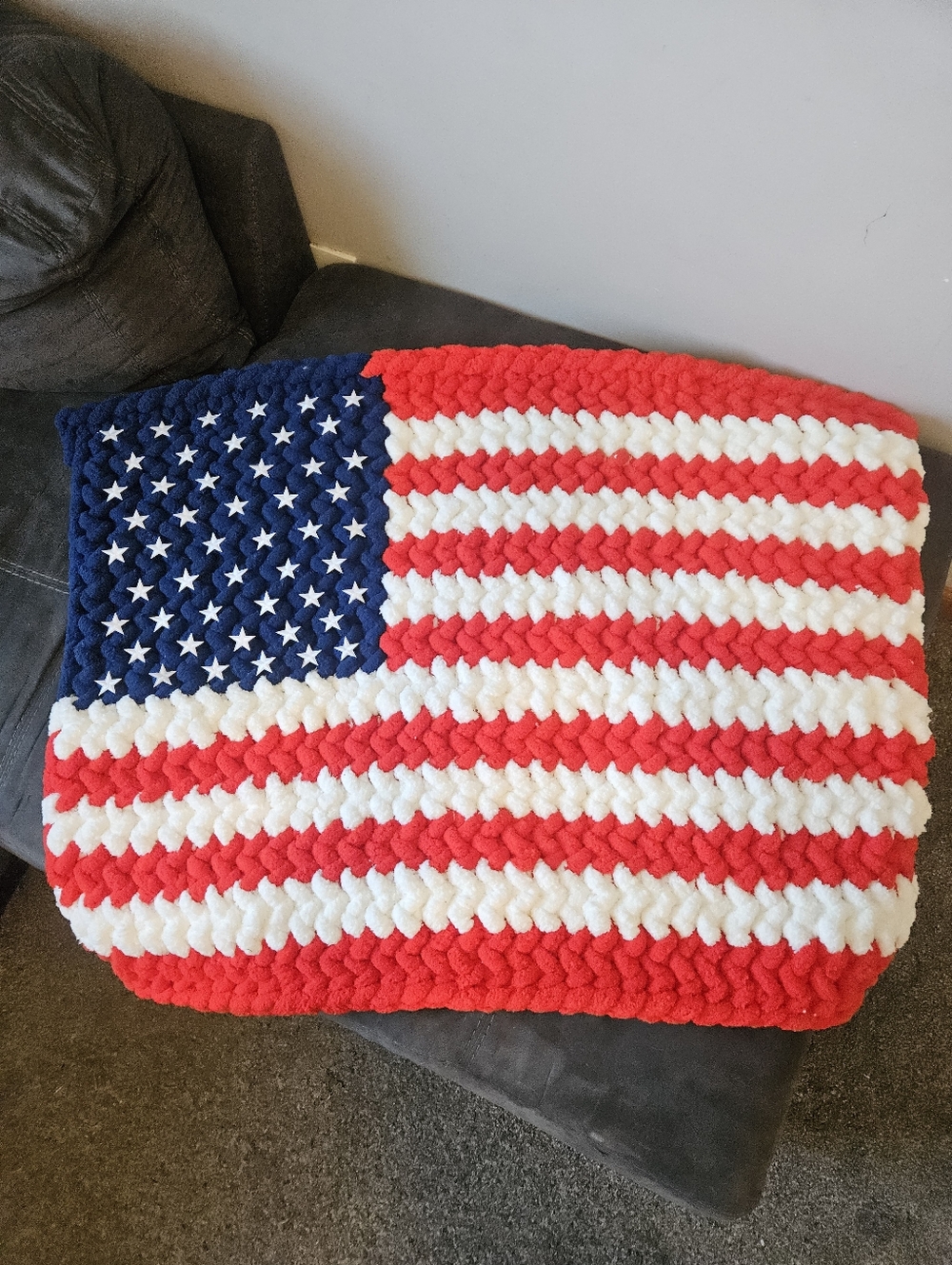 American Flag Plush Crochet Throw Blanket - Red, White & Blue